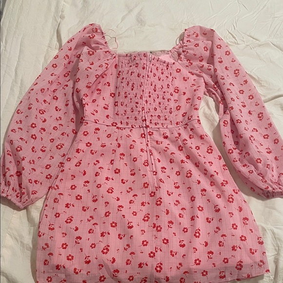 Francesca's Pink Red Floral Mini Puff Sleeve Feminine Romantic Summer Dress - Picture 8 of 9